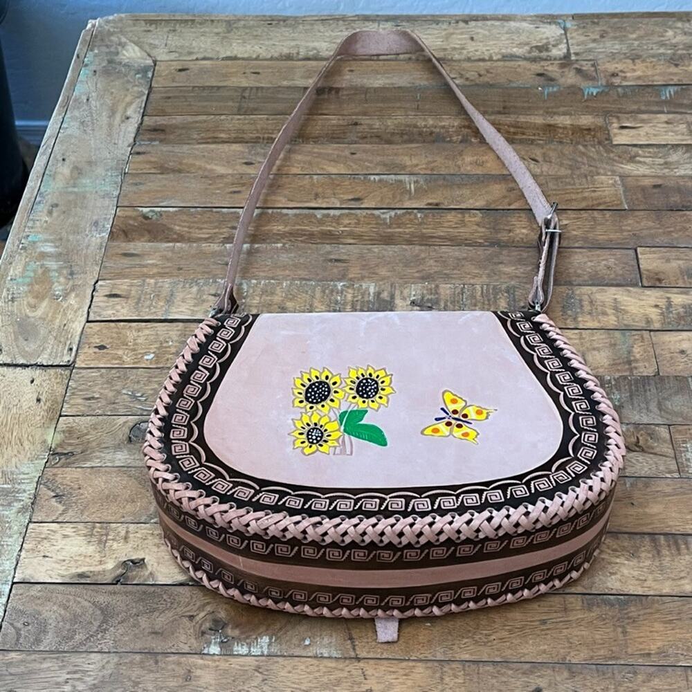 Mexican Hand-Tooled Leather Crossbody Bag Butterfly & Floral Design - Picture 9 of 14